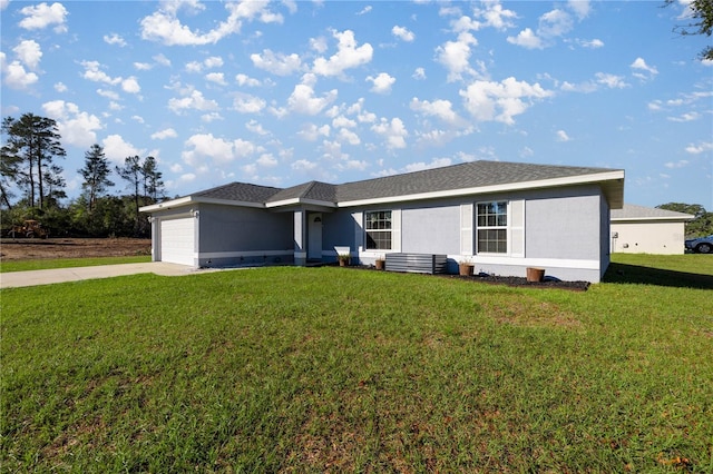 single story home featuring a garage and a front yard