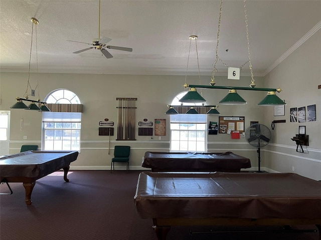 5500 NW 23rd Pl, Ocala, FL 34482 - playroom with ceiling fan, plenty of natural light, crown molding, pool table, and carpet