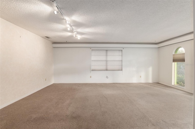 spare room with track lighting, a textured ceiling, and carpet flooring