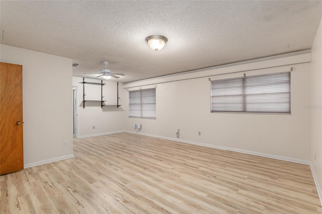 unfurnished room featuring ceiling fan, light hardwood / wood-style floors, and a textured ceiling