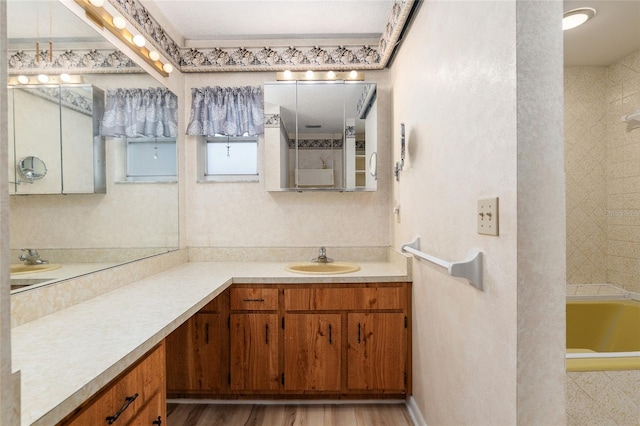 bathroom with hardwood / wood-style flooring, vanity, and a tub to relax in