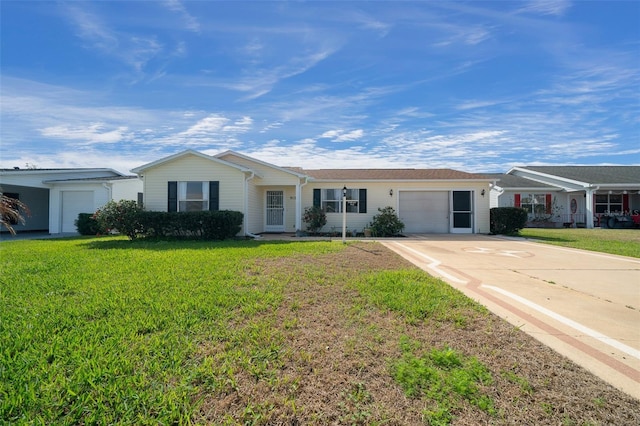 ranch-style home featuring a garage and a front yard