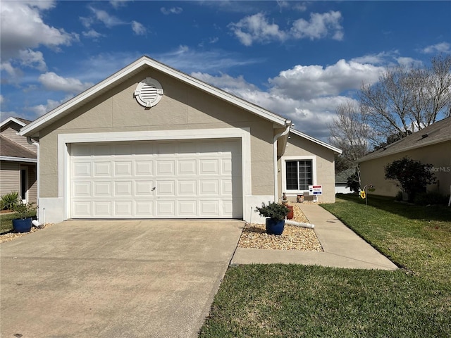 ranch-style home featuring driveway, a front lawn, an attached garage, and stucco siding