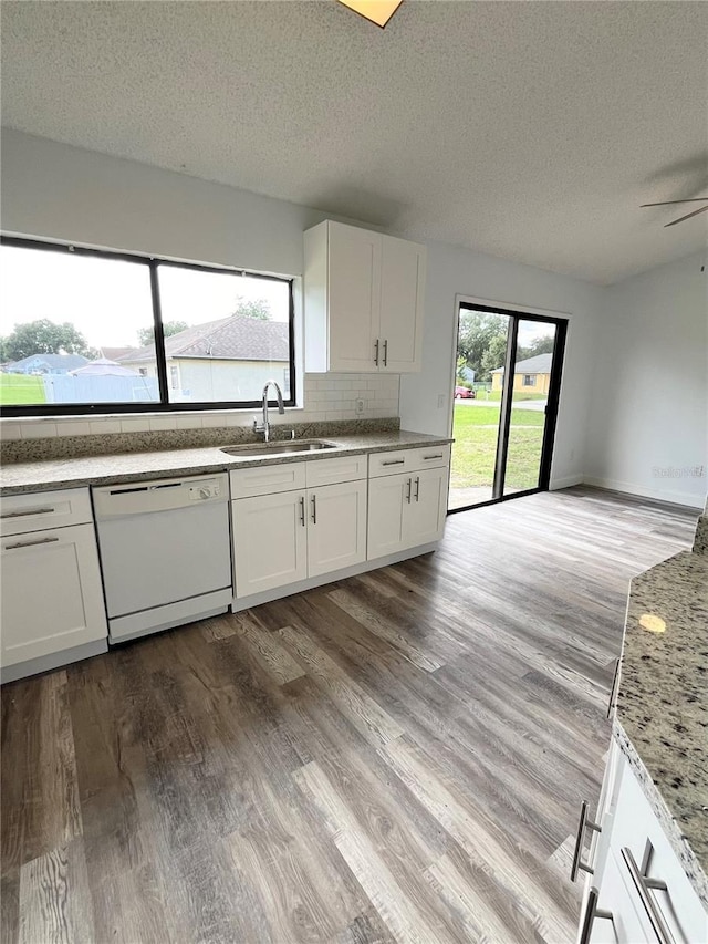 kitchen featuring light stone counters, dishwasher, sink, and white cabinets