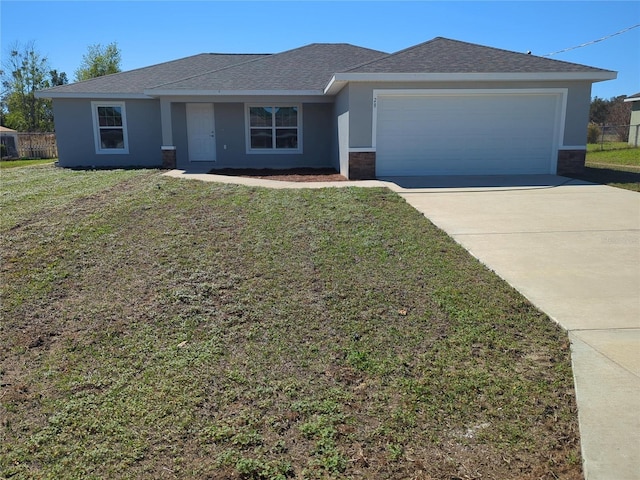 ranch-style home with a garage, fence, driveway, stucco siding, and a front lawn