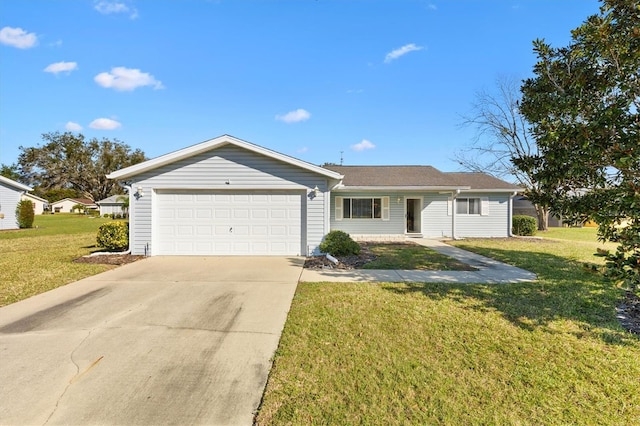 single story home with a garage and a front lawn