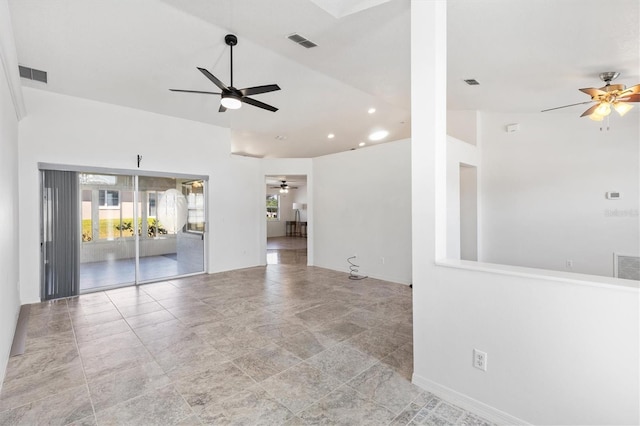 unfurnished living room featuring vaulted ceiling, recessed lighting, visible vents, and a ceiling fan