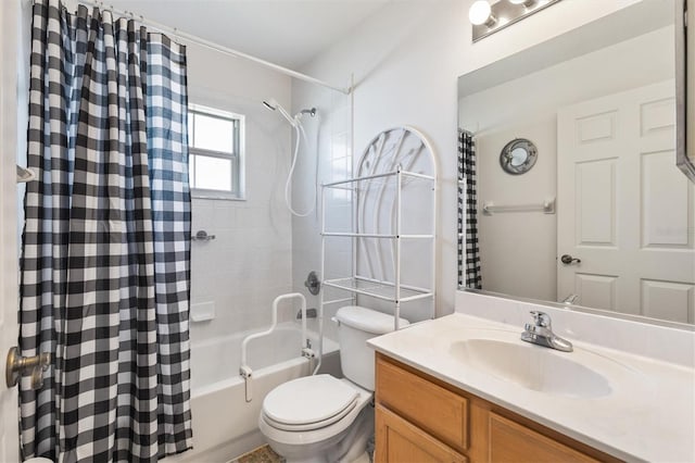 bathroom featuring toilet, vanity, and shower / bathtub combination with curtain