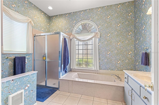 bathroom featuring vanity, separate shower and tub, and tile patterned flooring