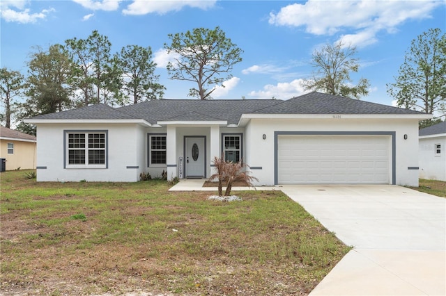 single story home featuring a garage, driveway, a front yard, and stucco siding