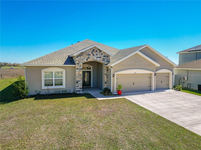 view of front of home featuring a garage, stone siding, roof with shingles, and a front lawn