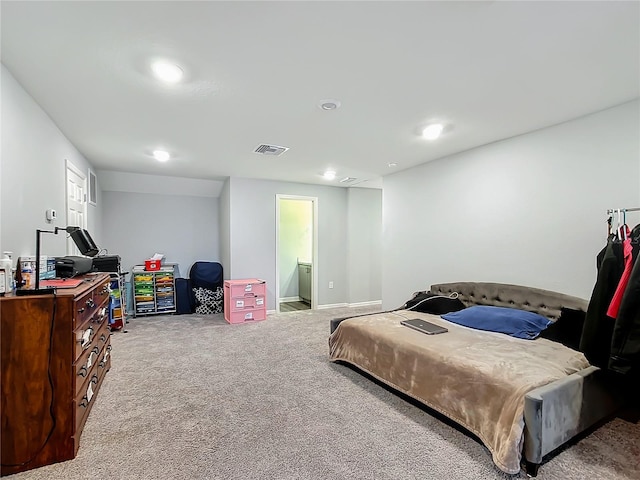 bedroom featuring recessed lighting, visible vents, and light colored carpet