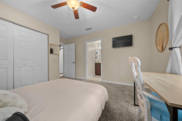 4161 NE 185th Ave, Williston, FL 32696 - bedroom featuring ensuite bath, light colored carpet, ceiling fan, and a closet