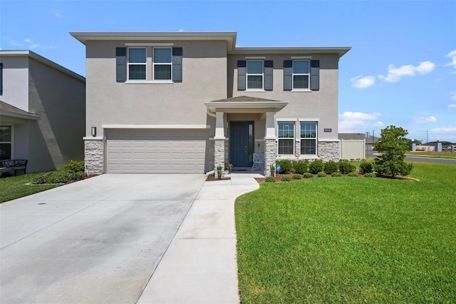 view of front of property featuring stucco siding, concrete driveway, an attached garage, stone siding, and a front lawn