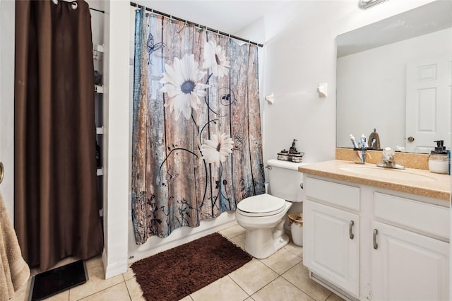 full bathroom featuring tile patterned flooring, vanity, shower / bath combination with curtain, and toilet