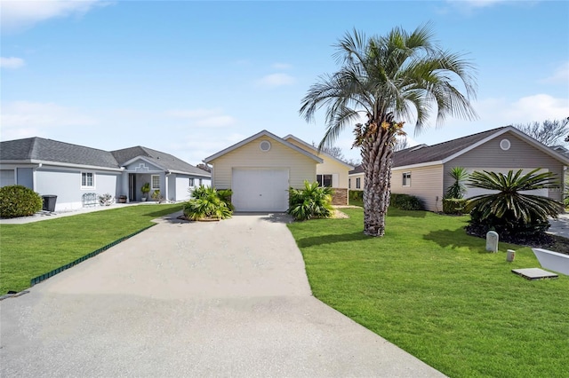 single story home featuring a garage and a front lawn