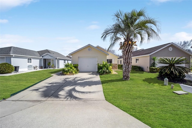 single story home featuring a garage and a front yard