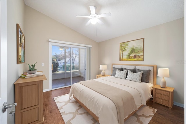 bedroom with lofted ceiling, dark hardwood / wood-style flooring, access to outside, and ceiling fan