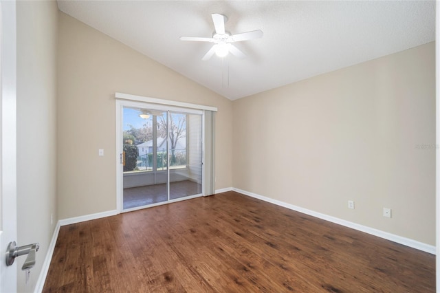 unfurnished room with lofted ceiling, hardwood / wood-style floors, and ceiling fan