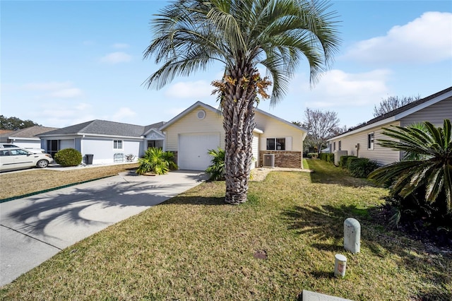 ranch-style house with cooling unit, a garage, and a front yard