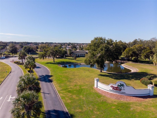 view of community with a water view and a lawn