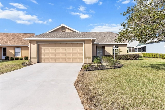 ranch-style home featuring a garage and a front lawn