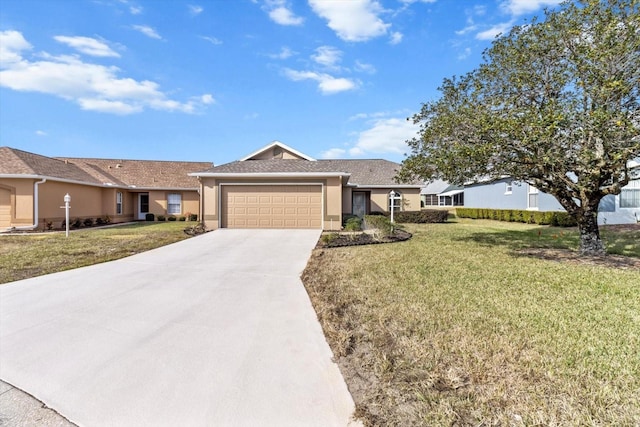 ranch-style house featuring a garage and a front lawn