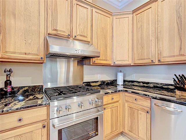7688 SE 135th St, Summerfield, FL 34491 - kitchen with stainless steel appliances, dark stone countertops, and light brown cabinetry