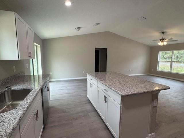 kitchen with open floor plan, lofted ceiling, stainless steel dishwasher, wood finished floors, and a sink