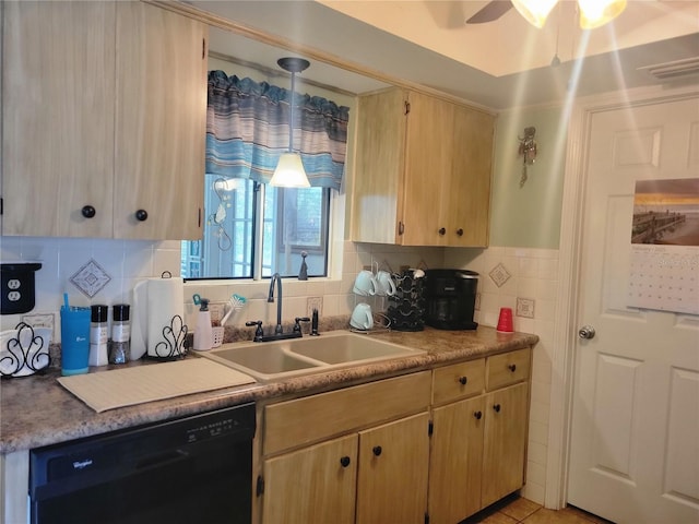 kitchen featuring sink, hanging light fixtures, tile walls, light brown cabinets, and dishwasher