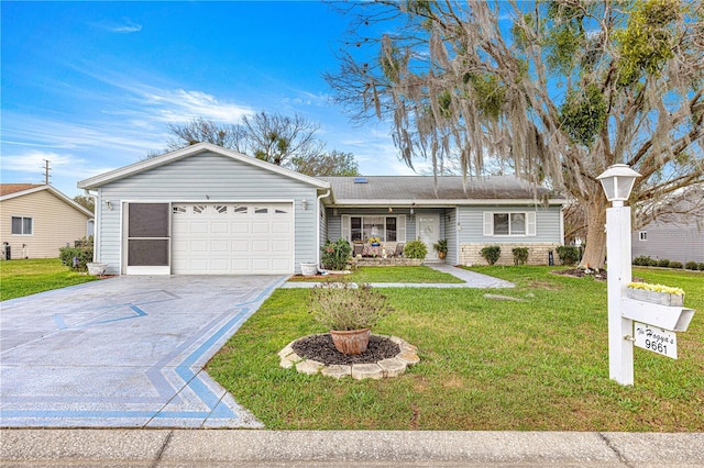 single story home with a garage and a front yard