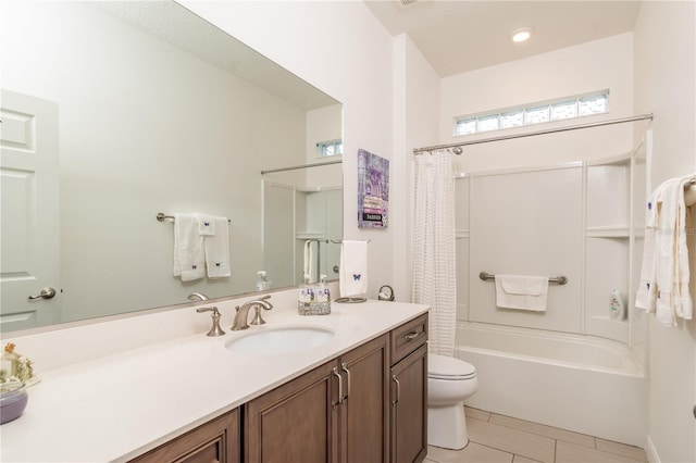 full bathroom with vanity, tile patterned flooring, shower / bath combination with curtain, and toilet