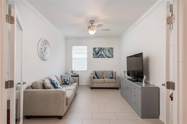 living room with ceiling fan and ornamental molding