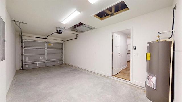 garage with a garage door opener and water heater