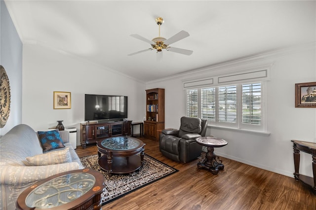 living room with dark wood-type flooring, ornamental molding, lofted ceiling, and ceiling fan