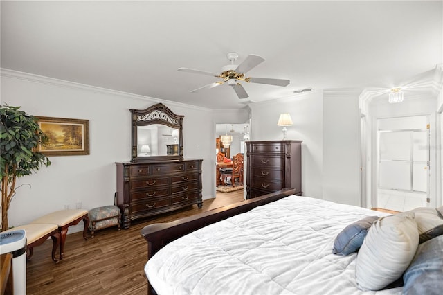 bedroom with wood-type flooring, ceiling fan, and crown molding