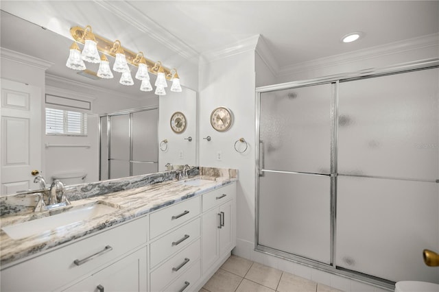 bathroom with ornamental molding, vanity, walk in shower, toilet, and tile patterned floors