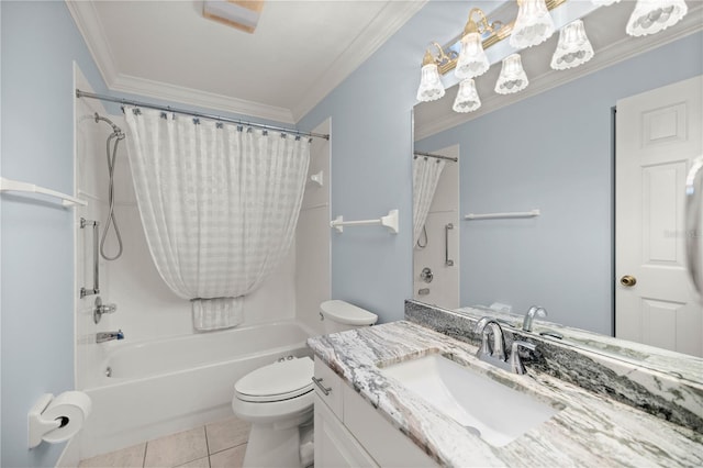 full bathroom featuring tile patterned floors, toilet, crown molding, vanity, and shower / bathtub combination with curtain