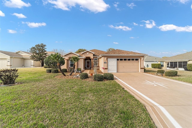 single story home featuring a garage and a front yard