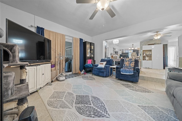 living room featuring light tile patterned floors and ceiling fan