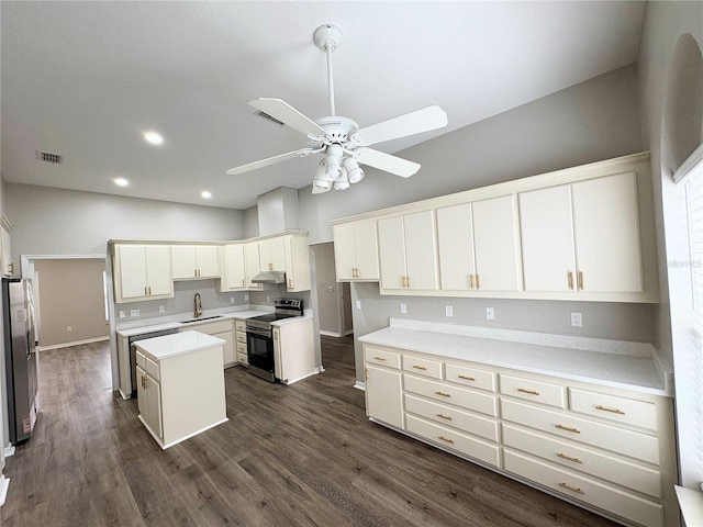 kitchen with a kitchen island, appliances with stainless steel finishes, sink, dark hardwood / wood-style flooring, and ceiling fan