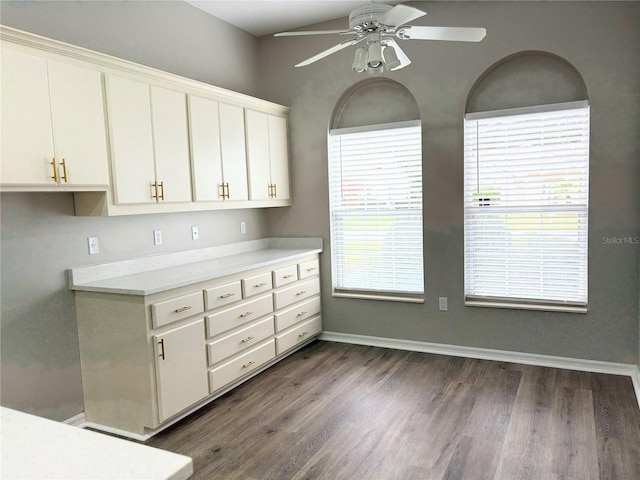 kitchen with white cabinetry, ceiling fan, and dark hardwood / wood-style floors