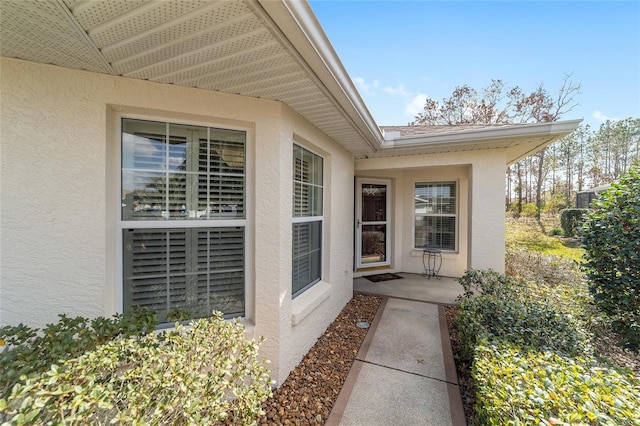 view of exterior entry with stucco siding