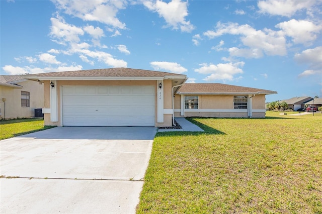 single story home with an attached garage, central AC, stucco siding, a front lawn, and concrete driveway