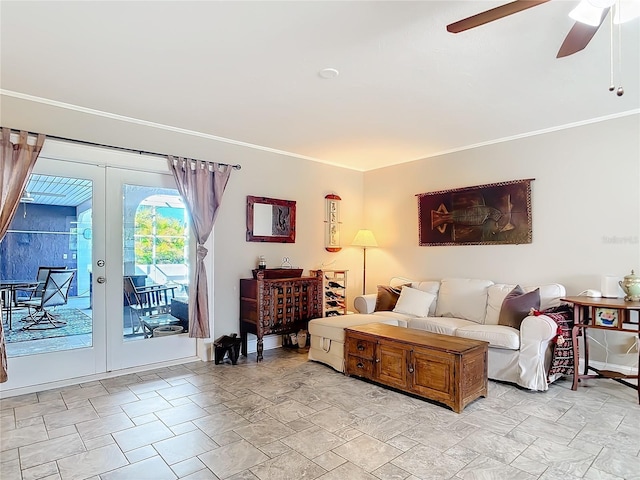 living room with ceiling fan, crown molding, and french doors