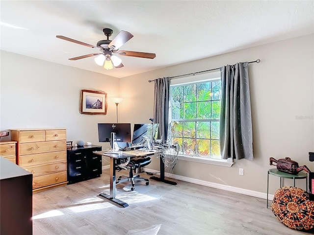 home office featuring ceiling fan and light wood-type flooring