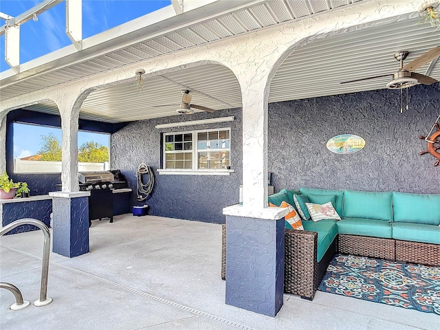 view of patio / terrace featuring grilling area, ceiling fan, and an outdoor hangout area