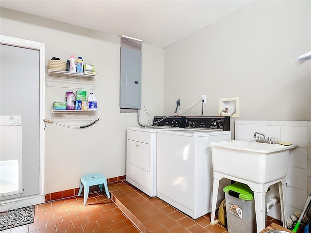 washroom with washing machine and dryer and electric panel