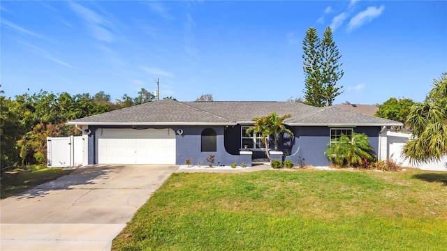 ranch-style home with a front yard and a garage