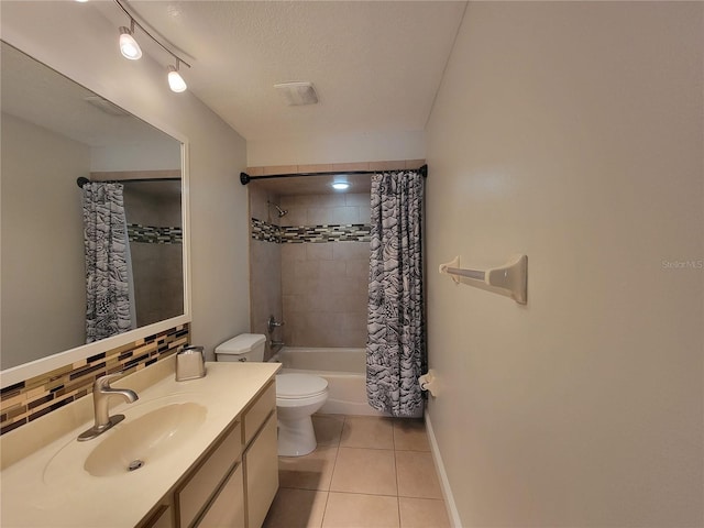 full bathroom featuring vanity, baseboards, shower / bath combo, decorative backsplash, and tile patterned flooring